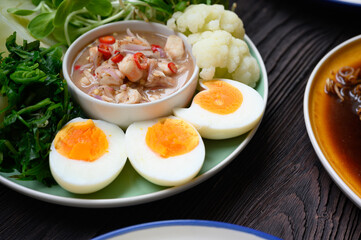 Fresh Boiled Shrimp paste sauce with vegetables in plate