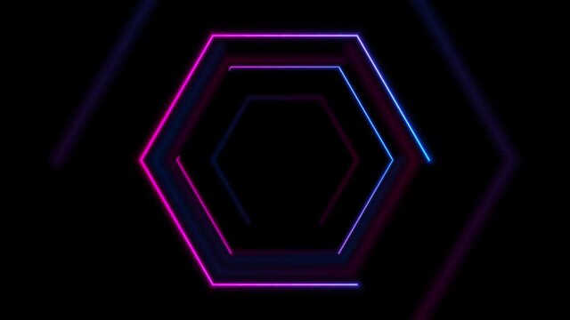Blue and purple glowing neon hexagonal sparkling frame abstract motion background. Seamless looping. Video animation Ultra HD 4K 3840x2160