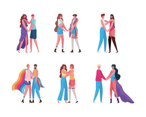 Women and men cartoons with costumes and lgtbi flags vector design