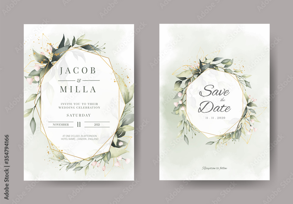 Wall mural wedding invitation card set with branch leaf greenery watercolor and and gold design greeting card template