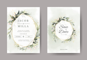 wedding invitation card set with branch leaf greenery watercolor and and gold design greeting card template
