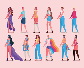 Women and men cartoons with costumes and lgtbi flags vector design