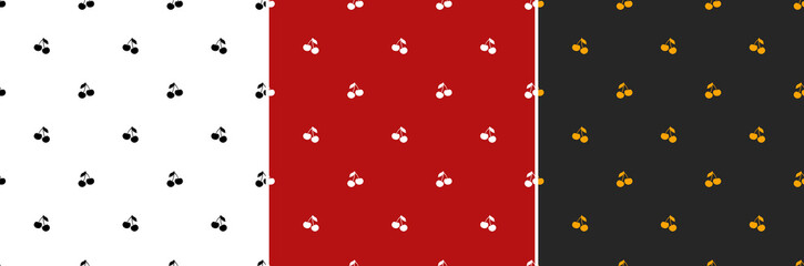 Seamless cherry pattern set. Black and white. White cherries with a leaf on a red background. Orange cherries with a leaf on a black background. Vector. EPS 10