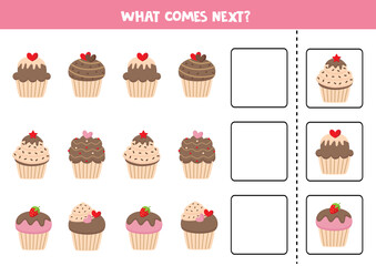 What comes next. Cute cartoon muffins. Educational game.