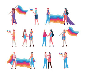 Women and men cartoons with costumes and lgtbi flags vector design