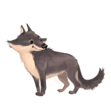 Illustration of a cartoon friendly wolf on a white background