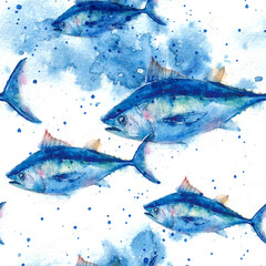 Seamless pattern with watercolor illustrations in blue tones, realistic fish, tuna painted by hand.