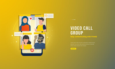 Illustration of video call conference with friends on the smartphone screen concept