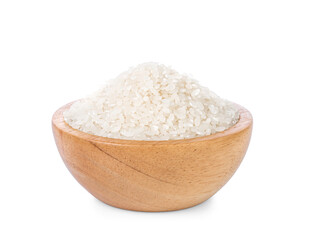Rice in a wooden cup on a white background.