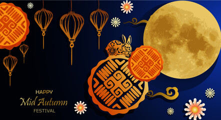 Mid Autumn Festival of Asian style for template with full moon, lantern, moon cake, flower, rabbit and clould white and gold color concept for greeting card, banner, postcard, wallpaper.