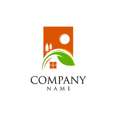 Abstract real estate agent logo. real estate building leaves