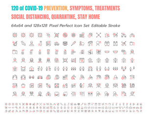 Simple Set of Covid-19 Prevention Bicolor Line Outline Icons. such Icons as Protective Measures, Coronavirus, Social Distancing, Symptoms, Stay at Home. 64x64 Pixel Perfect. Editable Stroke.