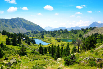Beautiful mountain landscape with lakes in Neouvielle national nature reserve, French Pyrenees.