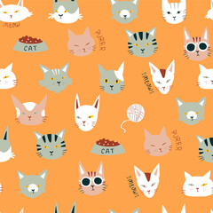 Cute cats colorful seamless pattern vector illustration.