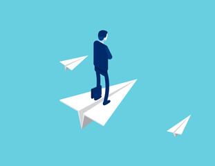 Businessman stands on a flying paper plane. Isometric vector style