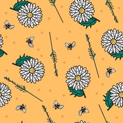 Yellow vector seamless pattern with daisies and bees. Summer background for textiles and paper. - 354799766