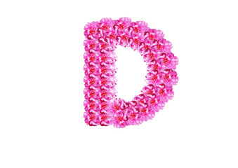 The letter is made of pink flowers on a white background. Spring concept Floral letters of the alphabet for wedding design or flower festival