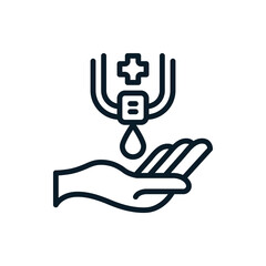 Disinfection. Washing hand with sanitizer liquid soap, gel outline icons. Vector illustration. Editable stroke. Isolated icon suitable for web, infographics, interface and apps.