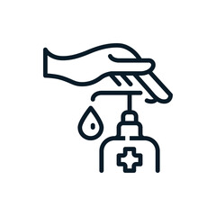 Disinfection. Washing hand with sanitizer liquid soap, gel outline icons. Vector illustration. Editable stroke. Isolated icon suitable for web, infographics, interface and apps.