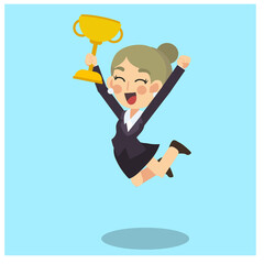 Businesswoman is happy and jumping with golden winning trophy in the hand. Business concept cartoon character vector.