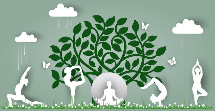 21 june-international yoga day,paper cut yoga body posture, human silhouette and sun rays, vector illustration - Vector