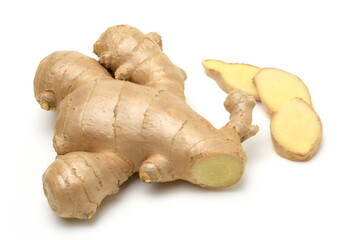 Fresh ginger root and sliced isolated on white background,For making herbal drinks.
