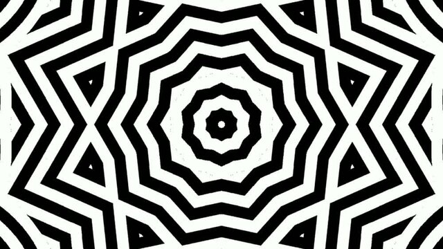 Computerized animation of black and white patterns and shapes giving a psychedelic and hypnotic effect. Motion graphics, Seamless loop.