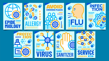 Infection Epidemiology Creative Posters Set Vector. Sanitizer And Germs Protection, Virus And Infection Disease, Flu And Food Allergy Advertising Banners. Concept Template Stylish Color Illustrations