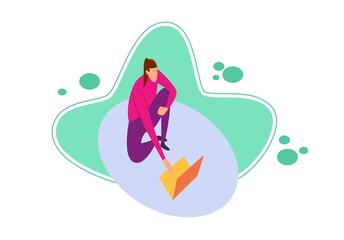 Flat illustration of a woman sitting on the beach looking at a netbook. Flat cartoon character with the concept of leisure activities. Flat illustration of people in purple and pink.