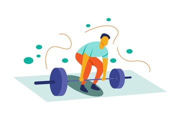 Illustration of a boy doing sports by lifting weights. Flat style cartoon character with orange and green colors. The concept of activities carried out at home during free time