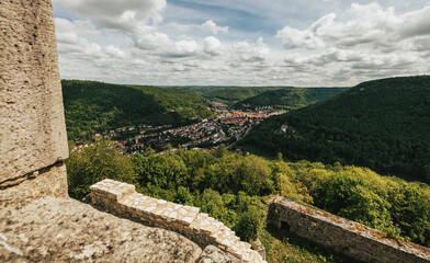 Fototapeta na wymiar View of Bad Urach in Germany from the old castle ruin Hohenurach.