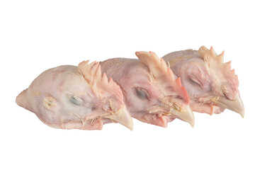 Three raw chicken heads isolated on a white background.