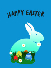 Happy Easter Day invitation greeting card with easter rabbit and eggs hunt in dense grasses, flower and text design on blue color background. For banner, card, poster, postcard, label tag sale.
