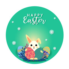 Happpy Easter day greeting card with easter rabbit hug eggs hunt, flower and text in the circle shape design. Aqua menthe green tone color background. For banner, template, card, label, tag on sale.