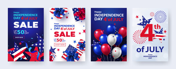 Fourth of July. 4th of July holiday banners, posters, cards or flyers Set. USA Independence Day design template for sale, discount, advertisement, social media, web. Place for your text.