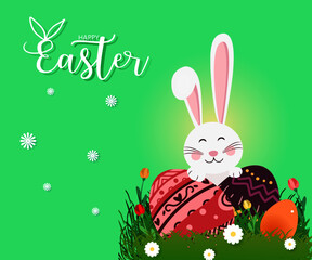Happy Easter day greeting card with easter rabbit and eggs hunt, flower in dense grasses and text on green tone color background. For banner, template, card, label, tag on sale.