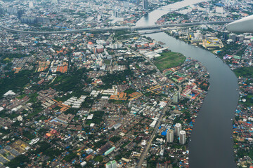 aerial airplane window. The top view, Bangkok city, Thailand. 