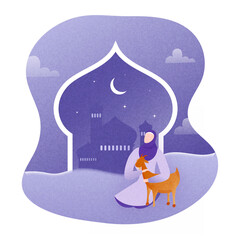 Cartoon Muslim Woman holding a Goat in Front of Mosque Door with Crescent Moon on Purple Grain Texture Background for Islamic Festival Celebration.