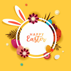 Happy Easter day greeting card with bunny rabbit, easter eggs, flower on yellow background. For banner, template, card, label, tag on sale.