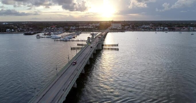Bridge of Lions to Downtown St. Augustine, Florida, Aerial Drone Shot