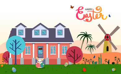 Happy Easter Day at home in garden greeting card with house, windmill, rabbit, easter eggs hunt in dense grasses, tree, cactu, flower and butterfly. For banner, card, postcard, label tag.