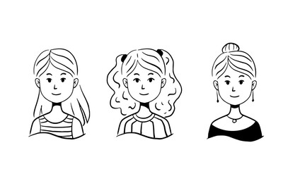 Set of linear doodle illustrations of a cute girl in different clothes and hairstyles. Children icon, coloring as I look possible in the morning, afternoon and evening. 