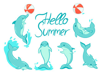 Fototapeta premium Greeting card with dolphins with the inscription hello summer. Set of dolphins isolated on a white background. Vector graphics.