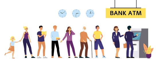 Bank ATM queue, different people waiting to cash money or make payment