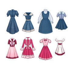 Set of vintage pink and blue dresses with bows and ruffles for girls. Illustration of clothes for the holiday. Dresses with embroidery, checkered, with hearts.
