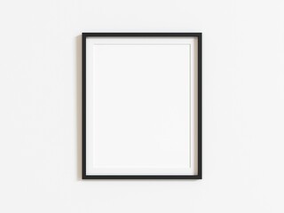 Black vertical frame mockup on white wall. 3d illustration.