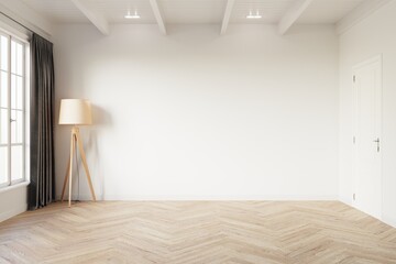Scandinavian empty room mock up with white wall, grey curtain and wooden floor lamp on wooden floor. 3d illustration.