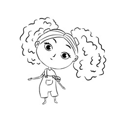 Vector illustration of the smallest little girl in overalls with big fluffy curls - ponytails on her head. A happy child in childhood stands.