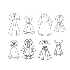 Set of linear vector vintage retro dresses for girls, women for a romantic evening, walk. Illustration for children's coloring on the theme of clothing.