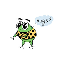 Cute funny frog and hugs. Illustration of a green frog in a polka dot t-shirt isolated on a white background